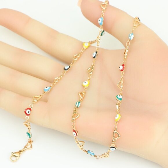 Rose Gold Plated Heart & Multicolor Evil Eye Necklace, XPNL0276 - Picture 4 of 12
